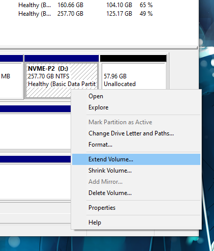 Image showing a Partition being Extended in Disk Management