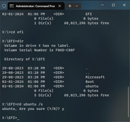 Image showing remove directory command in Command Prompt