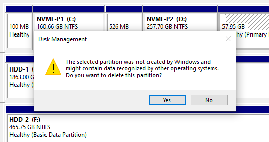 Image showing Linux Partitions being Deleted in Disk Management