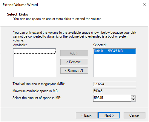 Image showing a Partition being Extended in Disk Management