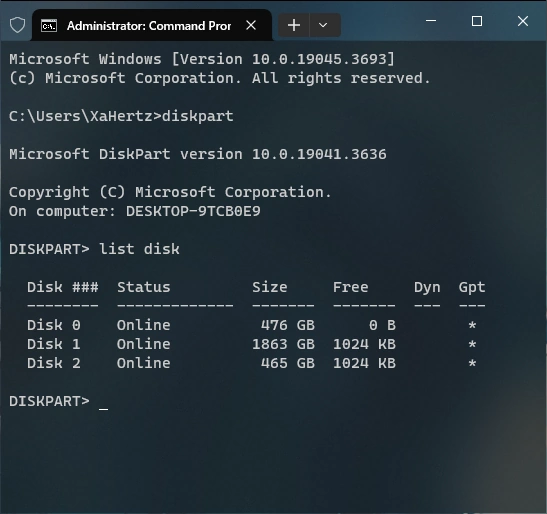 Image showing list disk command in DiskPart