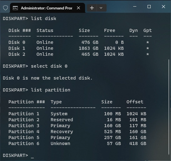 Image showing list partition command in DiskPart