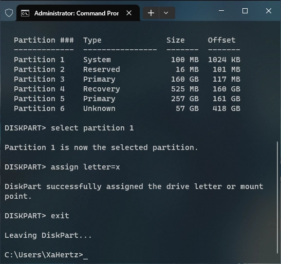 Image showing select and assign commands in DiskPart